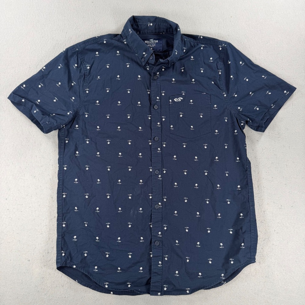Hollister Mens Epic Flex Navy Blue Palm Tree Print Short Sleeve Button Down M